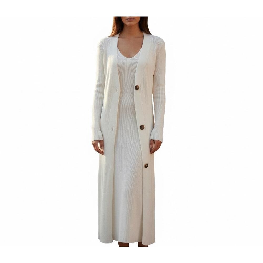 White Ivory Ribbed Knit Longline Cardigan & Midi Dress Set Minimal Chic Small - Picture 1 of 10